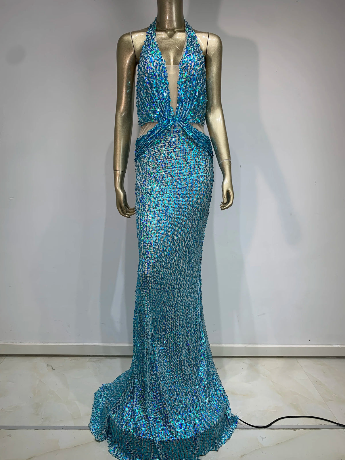 Halter Deep V-Neck Side Cutout Sequin Bodycon Maxi Gown