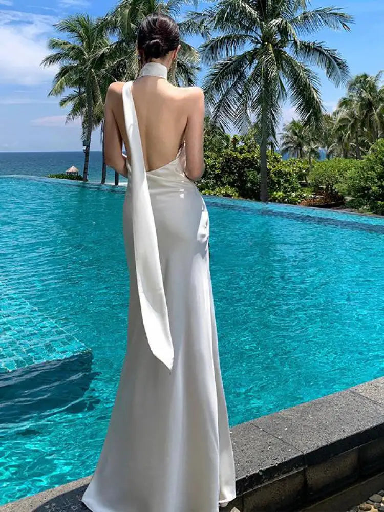 French Summer Beige Temperament Sexy Club Backless Halter Long Dress Rose Vintage Sleeveless Off Shoulder Elegant Party Dresses