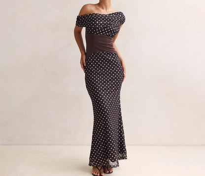 Personalized Design Diagonal Neck Off-the-shoulder Polka Dot Dress Female Sexy Slim Mesh See-through Backless Dress