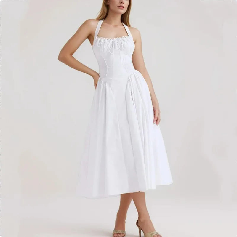 Halter Neck Lace Trim Corset Panel Pleated Fit and Flare Midi Dress