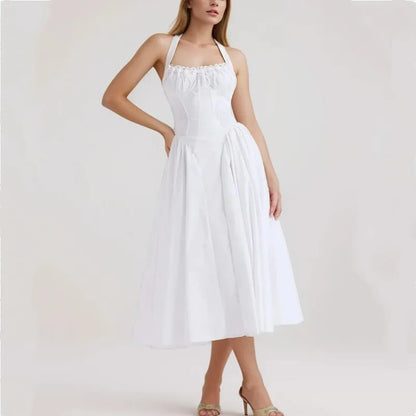Halter Neck Lace Trim Corset Panel Pleated Fit and Flare Midi Dress