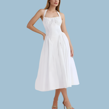 Halter Neck Lace Trim Corset Panel Pleated Fit and Flare Midi Dress