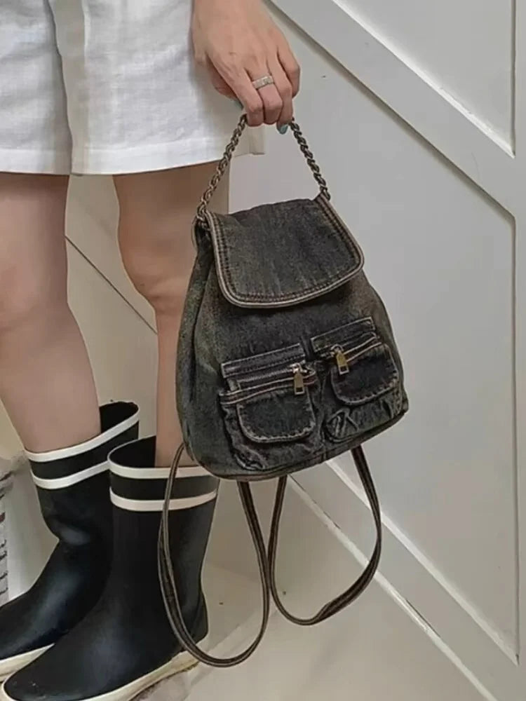New Retro Washed Denim Backpacks Causal Multifunctional Chain Bag Women's Backpack