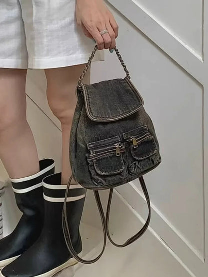 New Retro Washed Denim Backpacks Causal Multifunctional Chain Bag Women's Backpack