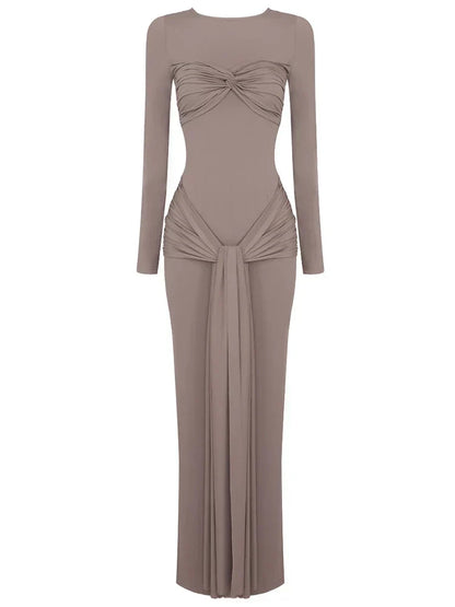 Crew Neck Long Sleeve Twist Front Ruched Waist Drape Maxi Dress