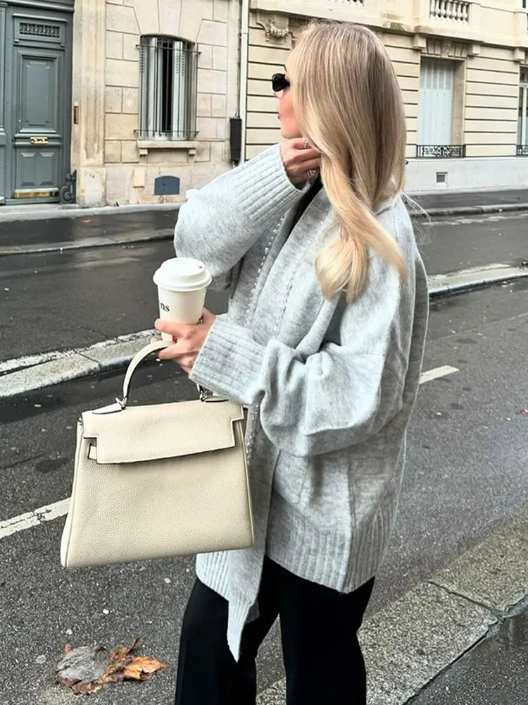 Elegant Solid Scarf Collar Knitted Cardigan Women Chic Full Sleeve With Pocket Loose Sweater New Autumn Lady Casual Street Wear