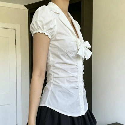 Temperament Preppy Style Bow V Neck Puff Short Sleeve Women's Blouse Y2k Aesthetic Harajuku Pleated Casual Shirts Spice Clothes