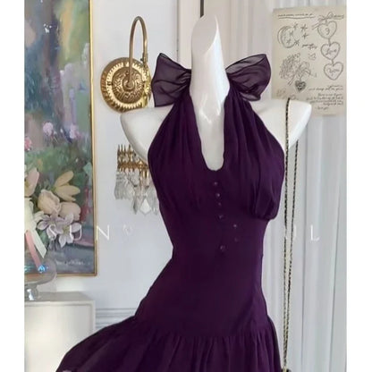 Purple Sexy Retro Elegant Woman Summer Dress Button Design Harajuku Princess Prom Dress Female Chic Korean Popular Clothes