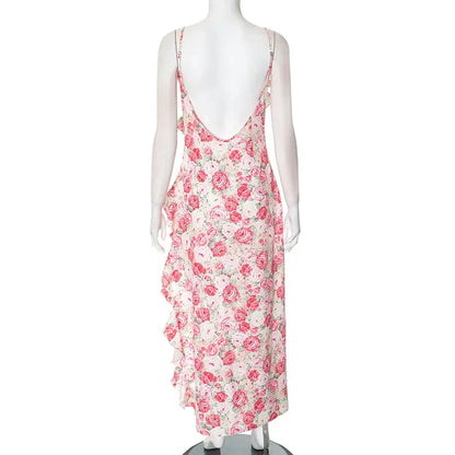 Flower Printed Strap Dress 2025 Spring New Fashion Elegant Sleeveless V Neck High Slit Ruffles Vestidos Beach Vacation Robe