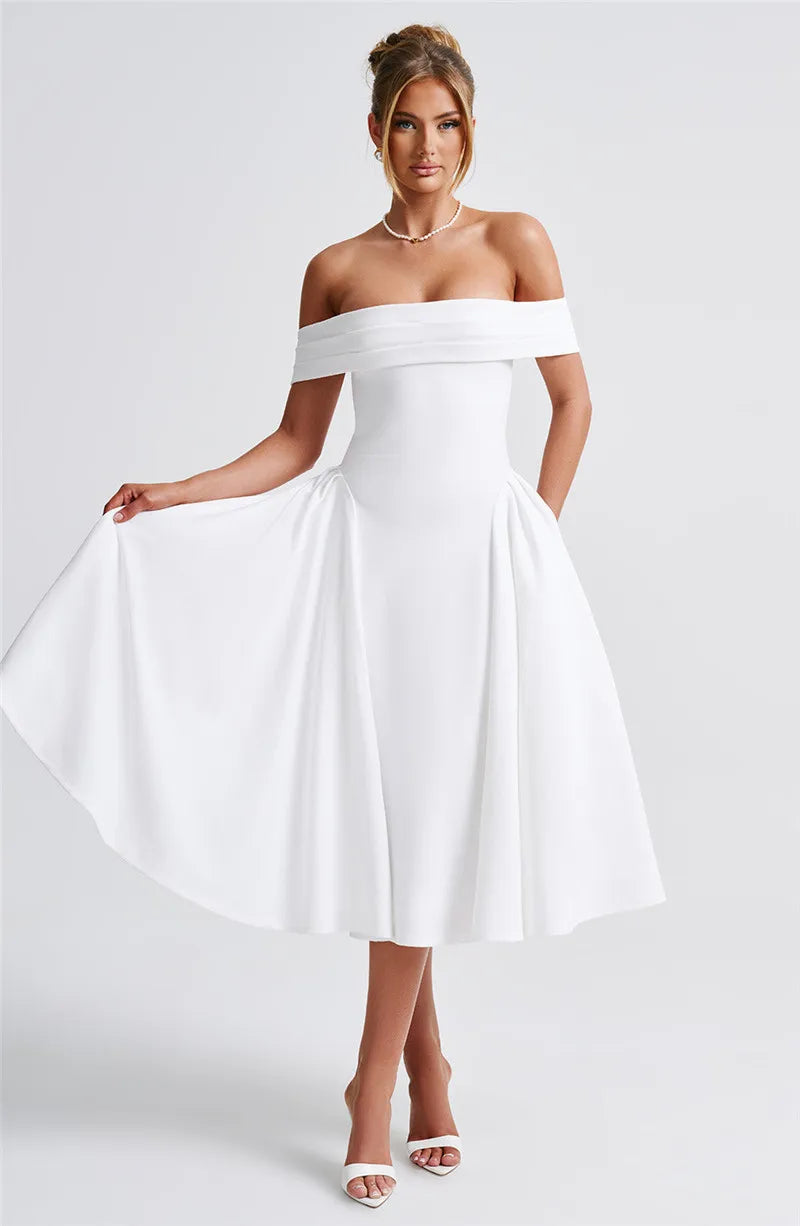 Off-Shoulder Folded Band Box Pleat Flare Midi Dress