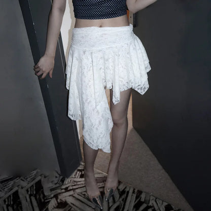 Holiday Solid Color Lace Ruffled Skirt For Women Sexy Low Waist Irregular Mini Skirt Splice Hot Girl Clubs Party Skirt