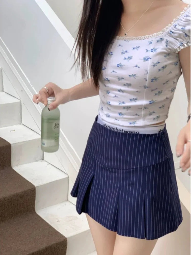 American Retro Stripe Mini Skirt Fake Two Pieces Patchwork High Waist Hip Wrap Skirt for Women Summer A-line Skirt New