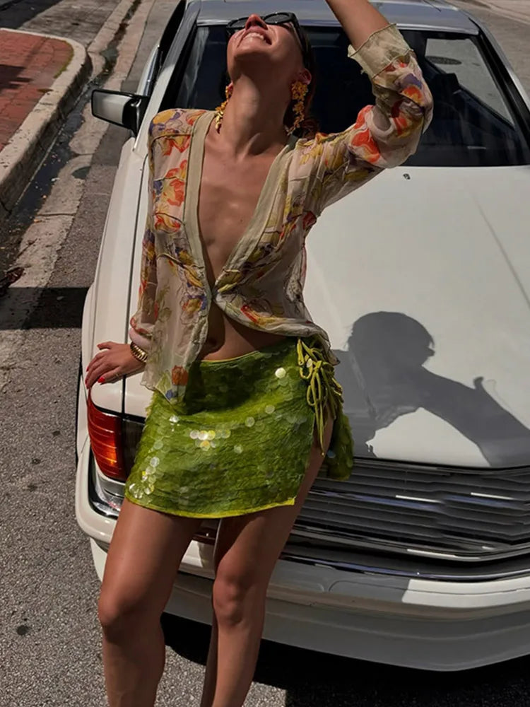Fashion Sequin Mini Skirt Women High Waist Side Split Lace Up A-line Skrits Female 2025 Spring Summer Chic Glitter Lady Skirts