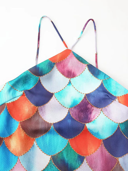 Halter Neck Fish Scale Mosaic Print Bodycon Maxi Dress