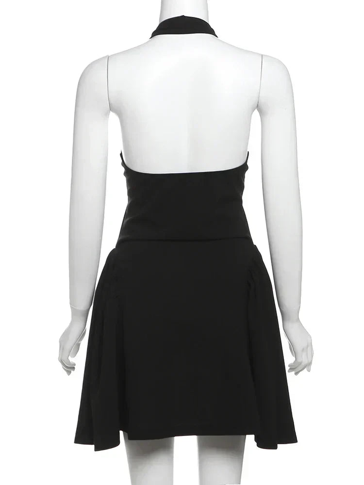 Halter Deep V A Line Skater Mini Dress