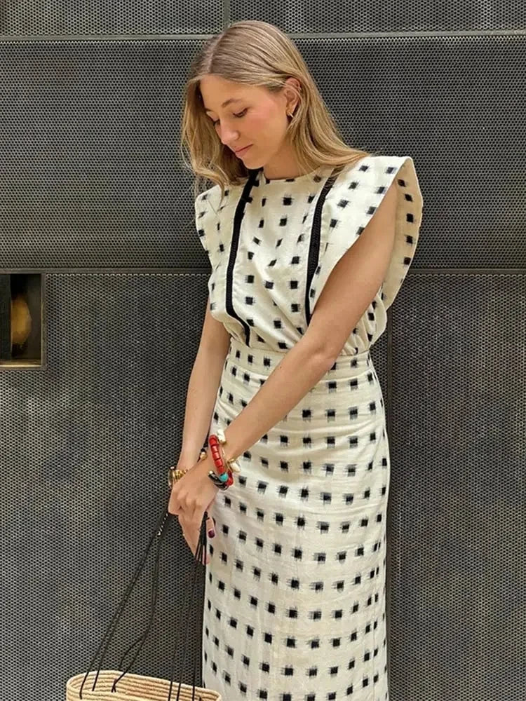 Elegant Printed Striped Flying O Neck Sleeve Tops Set Causal High Waist Long Slim Dresses Suits Summer Female High Street Outfit