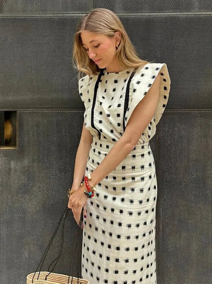 Elegant Printed Striped Flying O Neck Sleeve Tops Set Causal High Waist Long Slim Dresses Suits Summer Female High Street Outfit