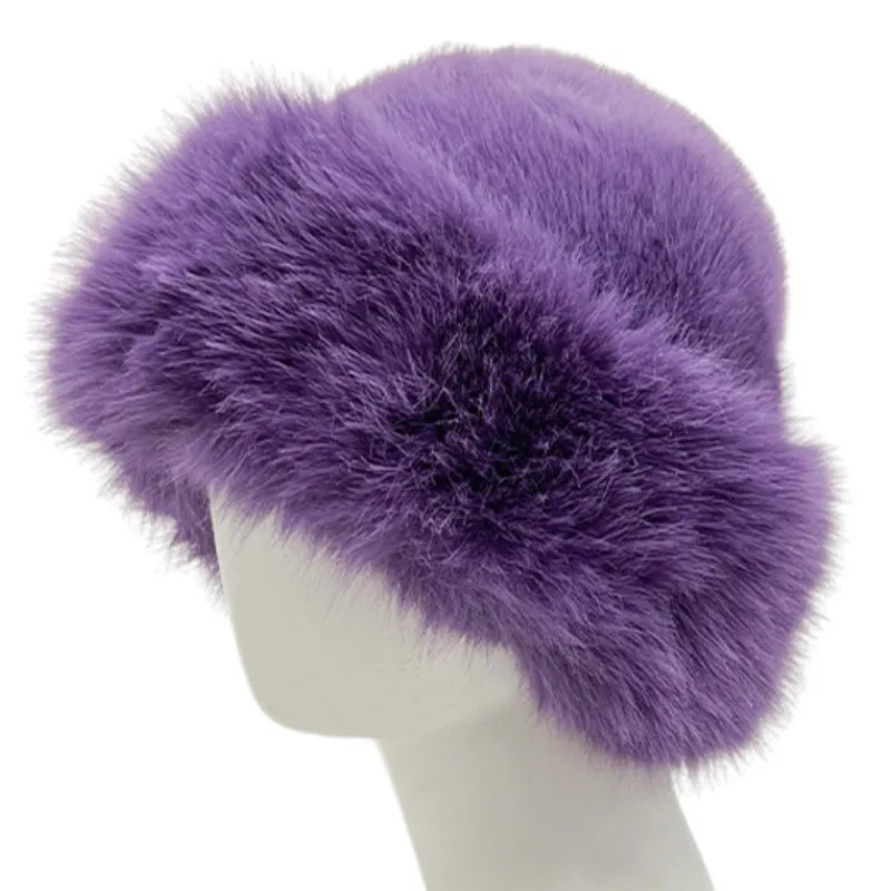 Winter Faux Fox Fur Bucket Hats For Women Soft Thickened Plush Fisherman Hat Outdoor Windproof Warm Beanies Caps Ski Panama Cap