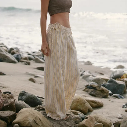 Women Drawstring Striped Wide Leg Pants Summer Causal Barrel Loose Elastic Low Waist Palazzo Harem Pants Trousers