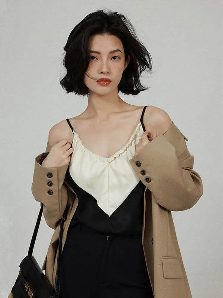 Elegant Satin Crop Top Women Black White Contrast Patchwork Backless Camis Office Lady V-neck Casual Halter Tops Summer