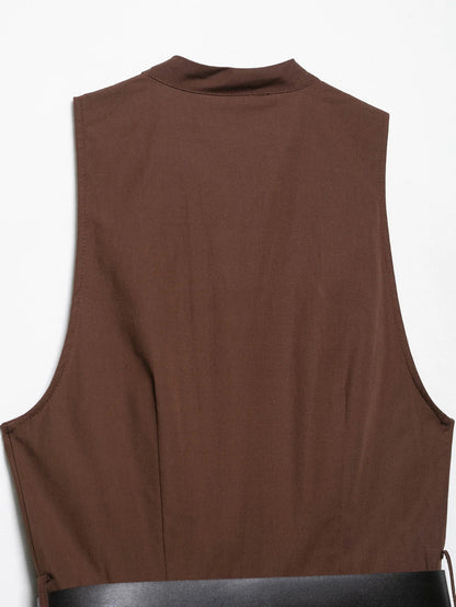 Fashion Brown Sleeveless Long Dress With Belt Round Neck Fashion Pleat Summer Dress Button Elegant Chic Femme Vestidos
