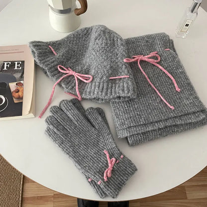 Knitted Scarf Gloves Caps Three Piece Set For Women&Men Winter Thicken Warm Bucket Hat Christmas Coldproof Hat Muffler Glove Set