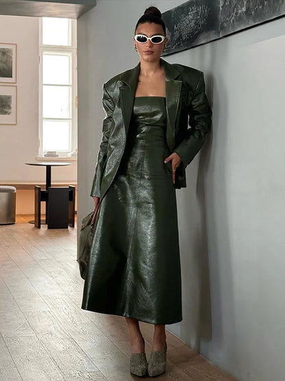 PU Leather Tube Dresses Suit Coat Women's Set Vintage Solid Slim Fit Long Dress Lapel Jackets Sets Female Chic Street Outfits