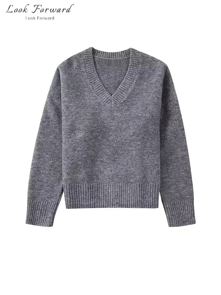 V-neck Pullover Woman Loose Short Autumn Winter Solid Zippers Women's Sweater Soft Casual Knitwear Lady All-match Long Sleeve