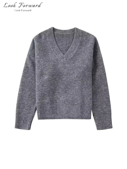 V-neck Pullover Woman Loose Short Autumn Winter Solid Zippers Women's Sweater Soft Casual Knitwear Lady All-match Long Sleeve