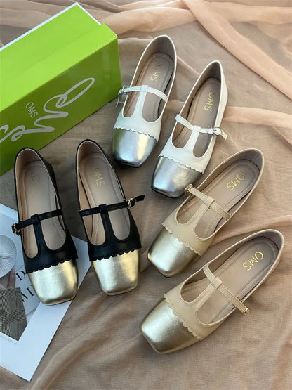 T-strap Mary Janes Shoes for Women Pu Leather Ptachwork Elegant Flats Shoes Spring Autumn Square Toe Loafers Female Shoes