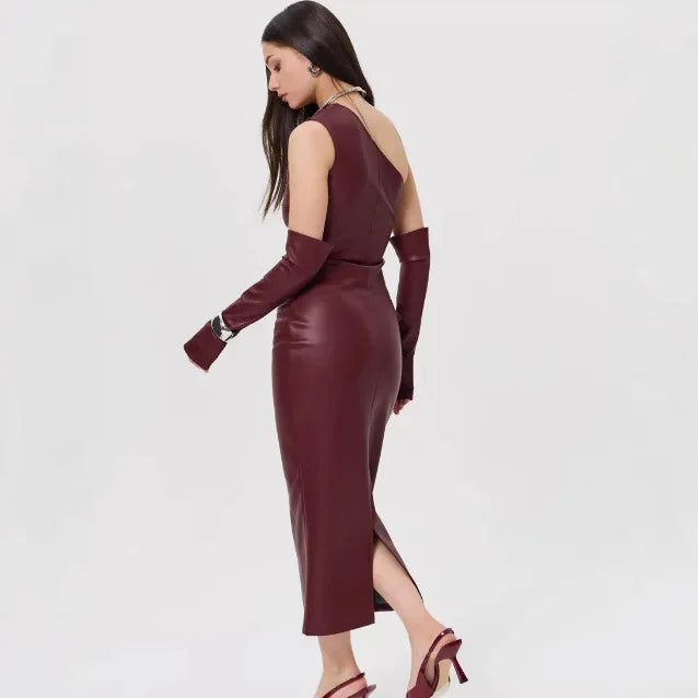 Faux Leather One Shoulder Ruched Bodycon Midi Dress