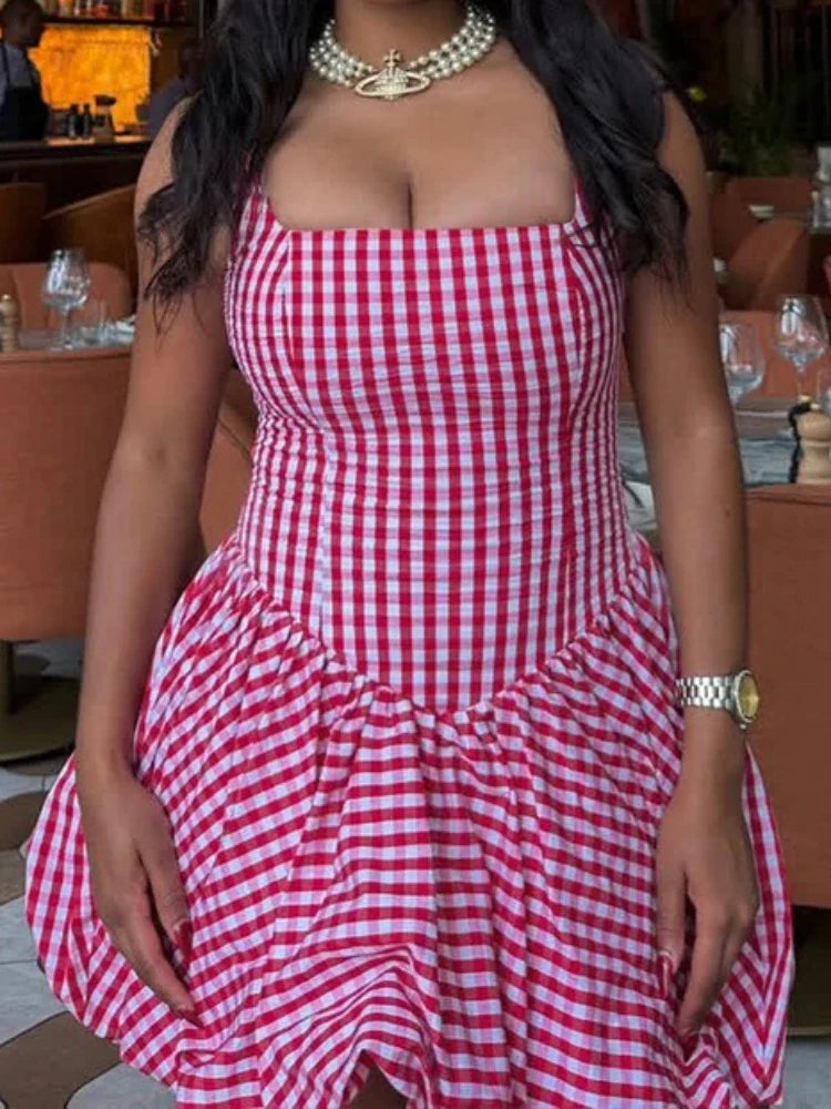 Cute Pink Checkered Mini Dress Square Neck Sleeveless Slim Waist Ruched Bubble Hem A-Line Summer Short Dress for Women