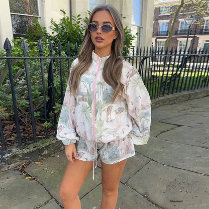 Fruit Printed Trench Jacket Coat Shorts Women Set Stand Collar Zipper Casual Loose Windbreaker Outwear Top Lace Up Shorts Suit