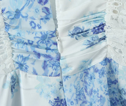 Summer Women Blue Floral Print A-line Mini Dresses Sexy Backless V Neck Lace Spliced Boho Dresses Female Holiday Robe New 2025
