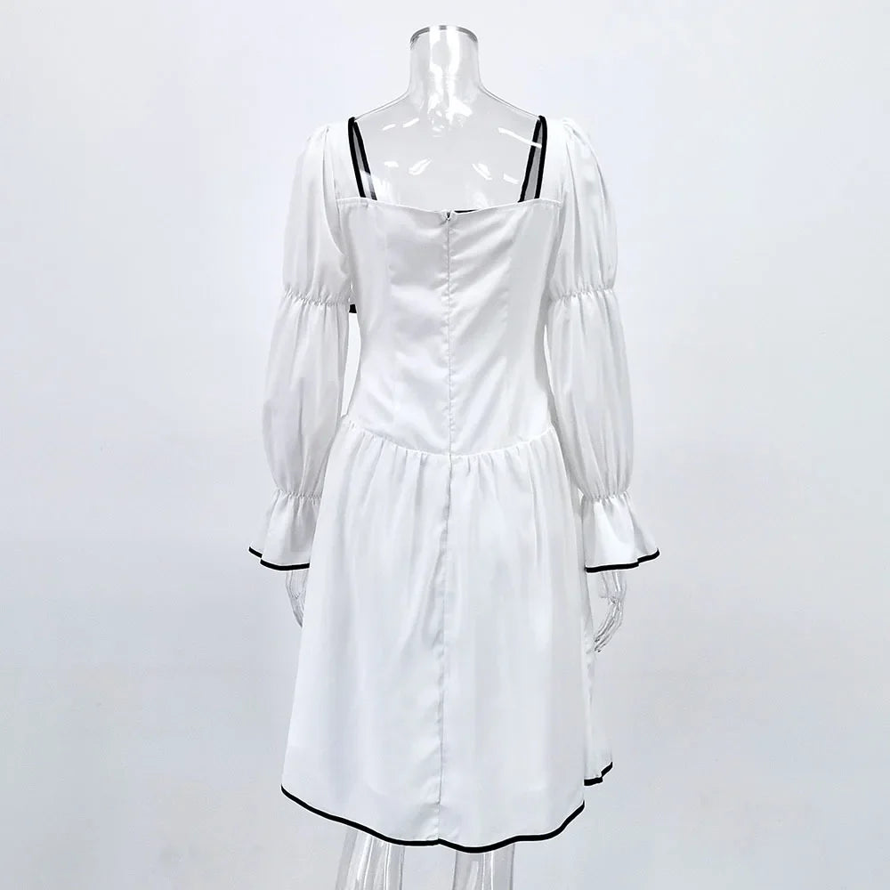 White Elegant A-line Mini Dress Women 2025 New Spring Square Collar Long Sleeve Vestidos High Waist Casual Fashion Short Dresses