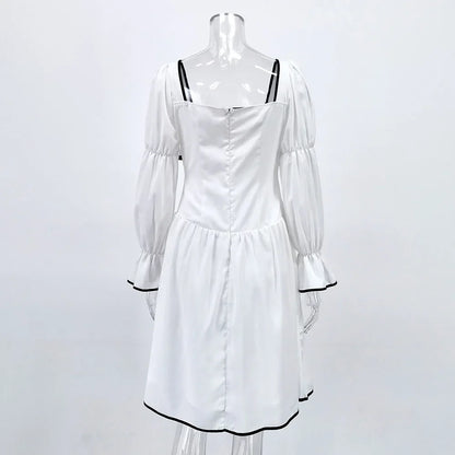 White Elegant A-line Mini Dress Women 2025 New Spring Square Collar Long Sleeve Vestidos High Waist Casual Fashion Short Dresses