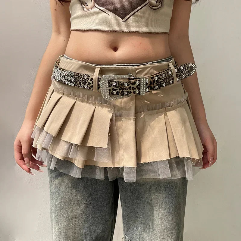 Rhinestone Belts Sexy Y2K Irregular Layered Mesh Cargo Skirts for Womens Summer Fashion High Waist Micro Mini Skirt Female