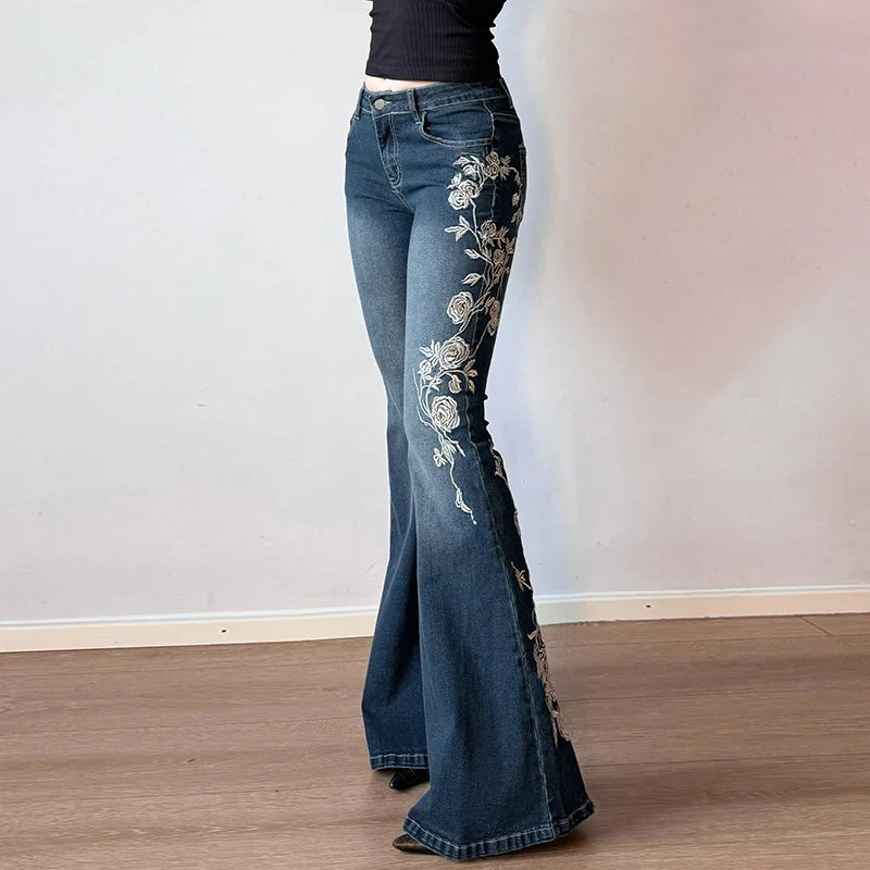 Y2K Rose Embroidered Trumpet Jeans Women Fashion Aesthetic Slim Flare Pants Vintage Blue 2000s Denim Trousers Spring