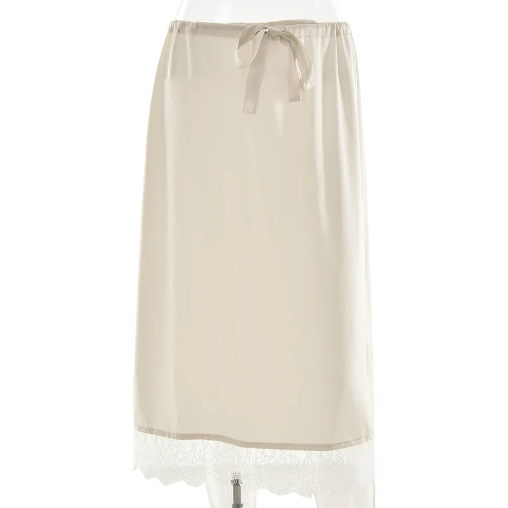 Fashion Satin Lace Patchwork Drawstring Short Skirt Feminine Elegant Slim Fit Midi Skirt Female Summer Streetwear