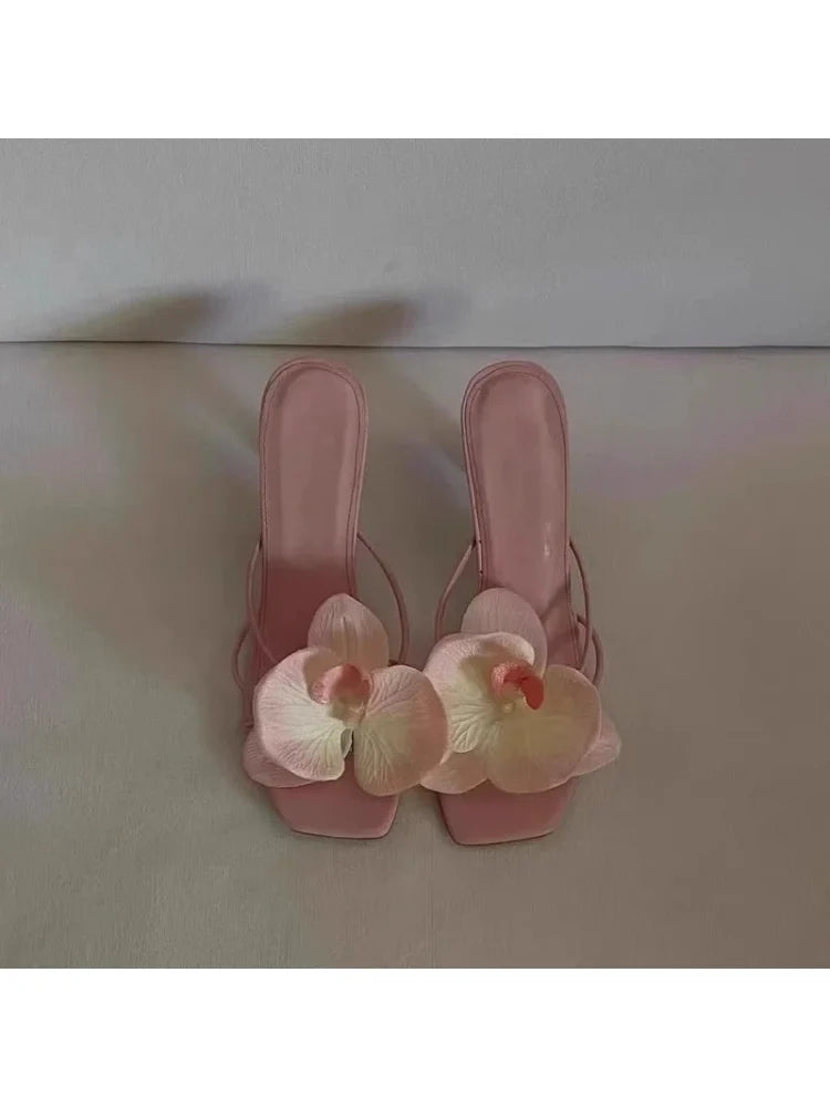 Pink Red Green Orchid Flowers Decor Outside Women Hight Heels Slippers Summer 2024 Thin Heels Ladies Flipflops