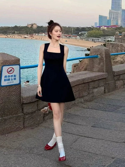 Slimming A-Line Dress Vest Style Korean Version Spring New Arrival Women's Fashionable Black Dress Commute Polyester Fiber