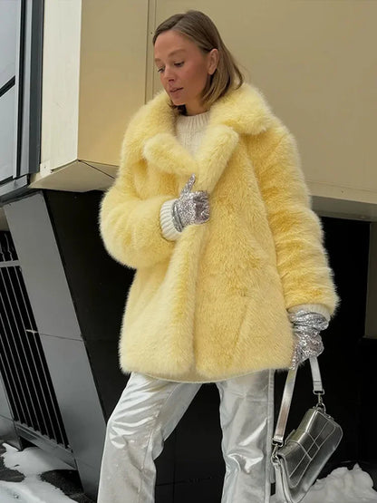 Luxury Thick Warm Women Coats Turn-down Collar Faux Fur Pocket Jackets Outwears Autumn Winter Soft Fluffy Ladies Overcoat