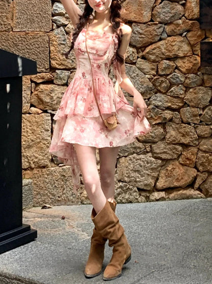 Summer French Elegant Floral Dress Women Casual sweet Retro Slim Mini Dress Korean Fashion Vintage Y2k 2000s Strap Dress