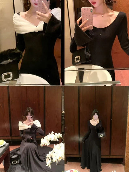 Winter French Vintaeg Elegant Knit Dress Woman Sexy Lace Design Warm Evening Party Dress Feamale Princess Korean Popular Clothes