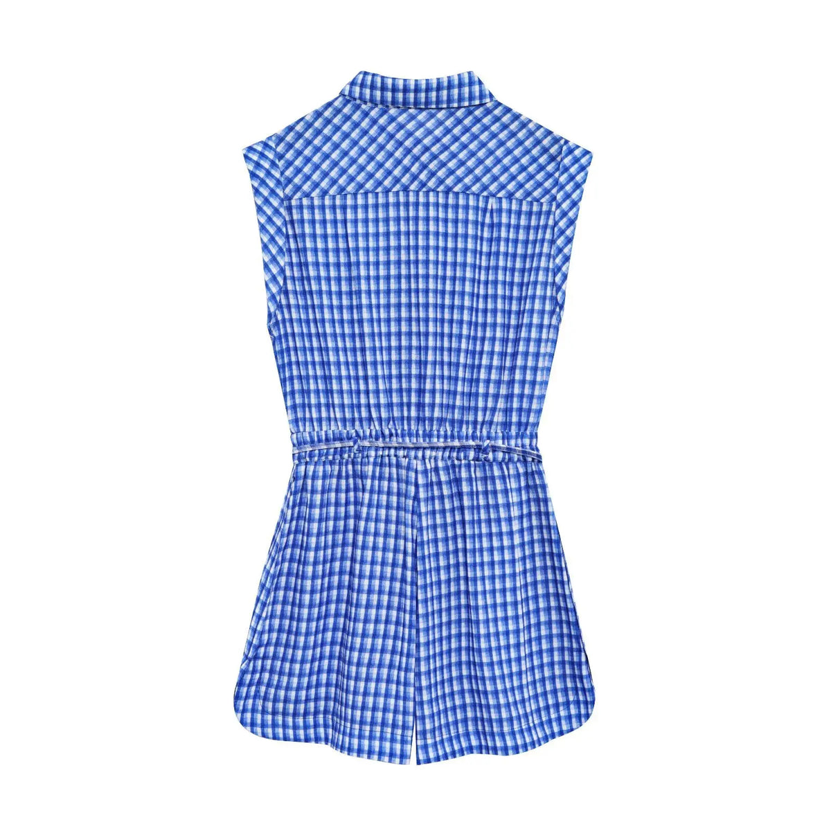 Casual Women's Jumpsuit Blue Plaid Single Breasted Sleeveless Lace-up Jumpsuit Fashion Summer Beach Holiday Jumpsuit