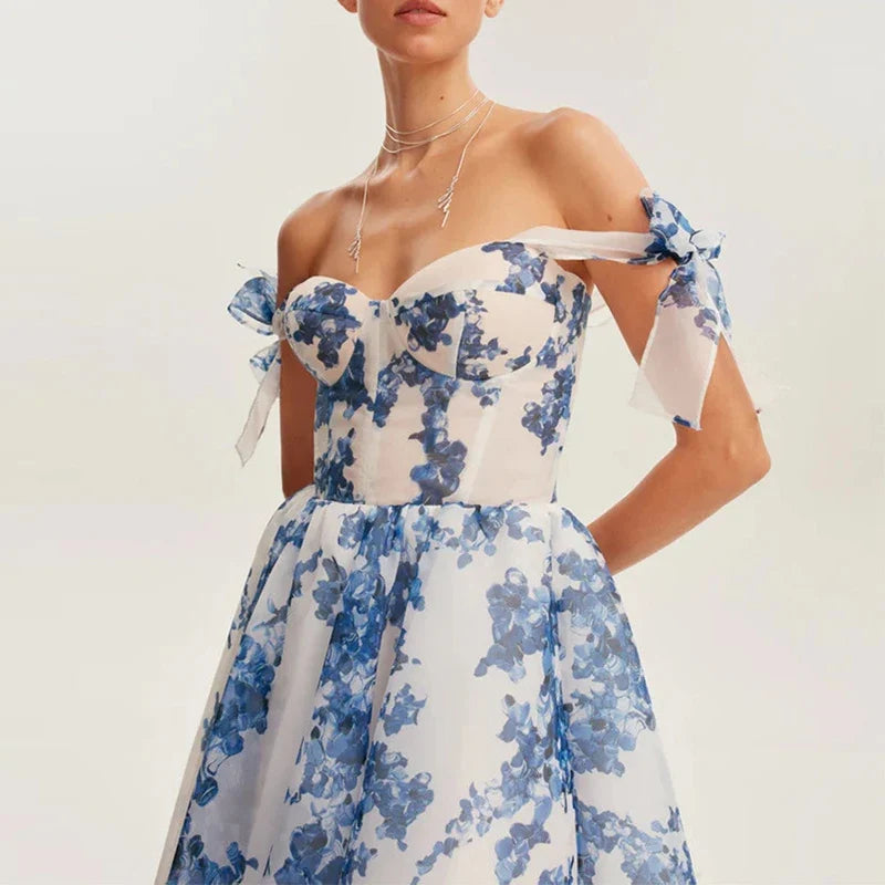 Ladies Temperament Floral Print Party Dress 2024 Fashion Off Shoulder Bow Strap Long Dress Elegant Mesh Sleeveless Evening Dress