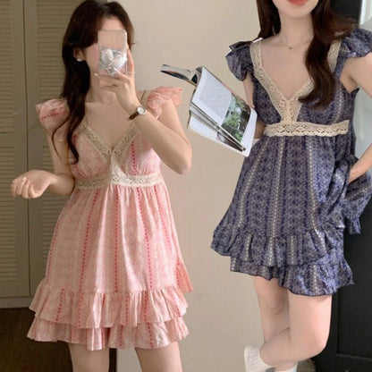 Striped Suspender Shorts Pajamas Ruffle Sleeveless Floral Pajamas Suit Loose with Chest Pad Women's Sleepwear Sets Sleeping