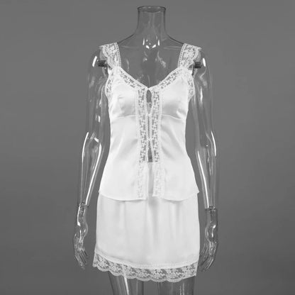 Elegant Lace Satin Skirt Set Women's Sexy V-Neck Camisole Short Skirt 2-Piece Set Summer Stylish Casual Commuter Set