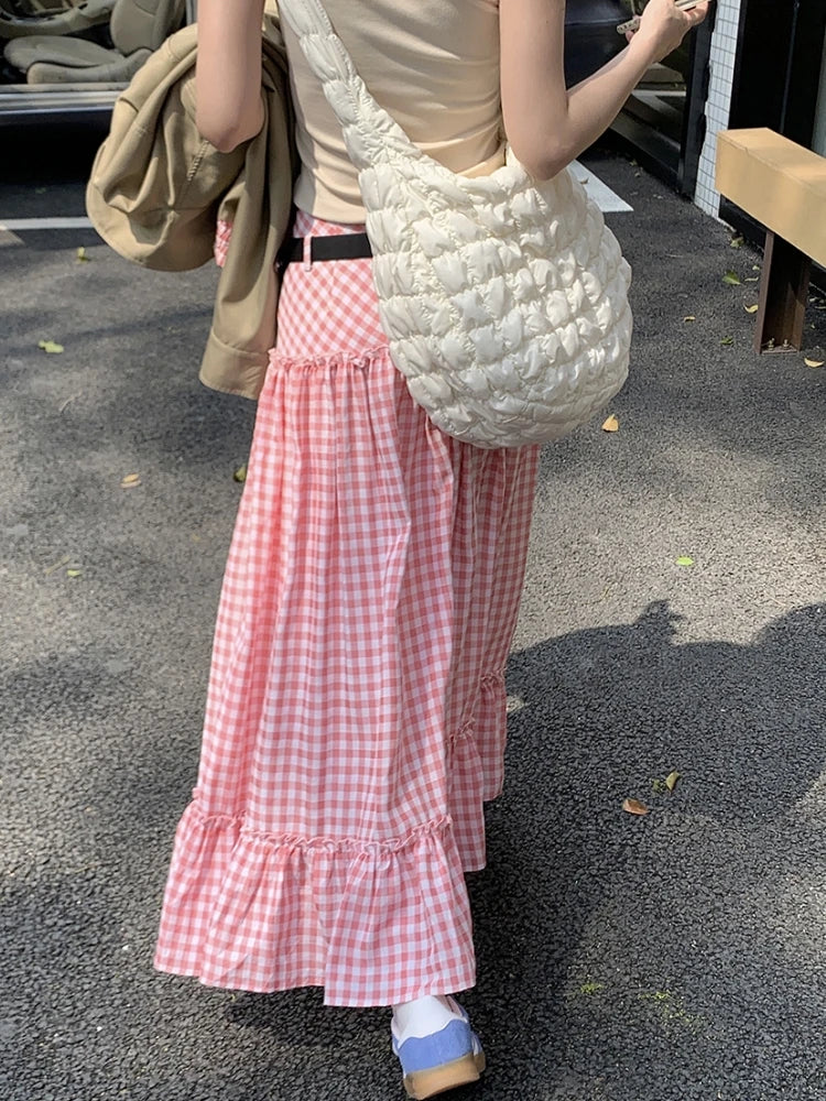 Long Skirts Womens Pink Plaid Skirt 2024 Goth Lolita Spring Summer High Waist High Low Ruched Ruffle Skirts rok