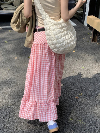 Long Skirts Womens Pink Plaid Skirt 2024 Goth Lolita Spring Summer High Waist High Low Ruched Ruffle Skirts rok